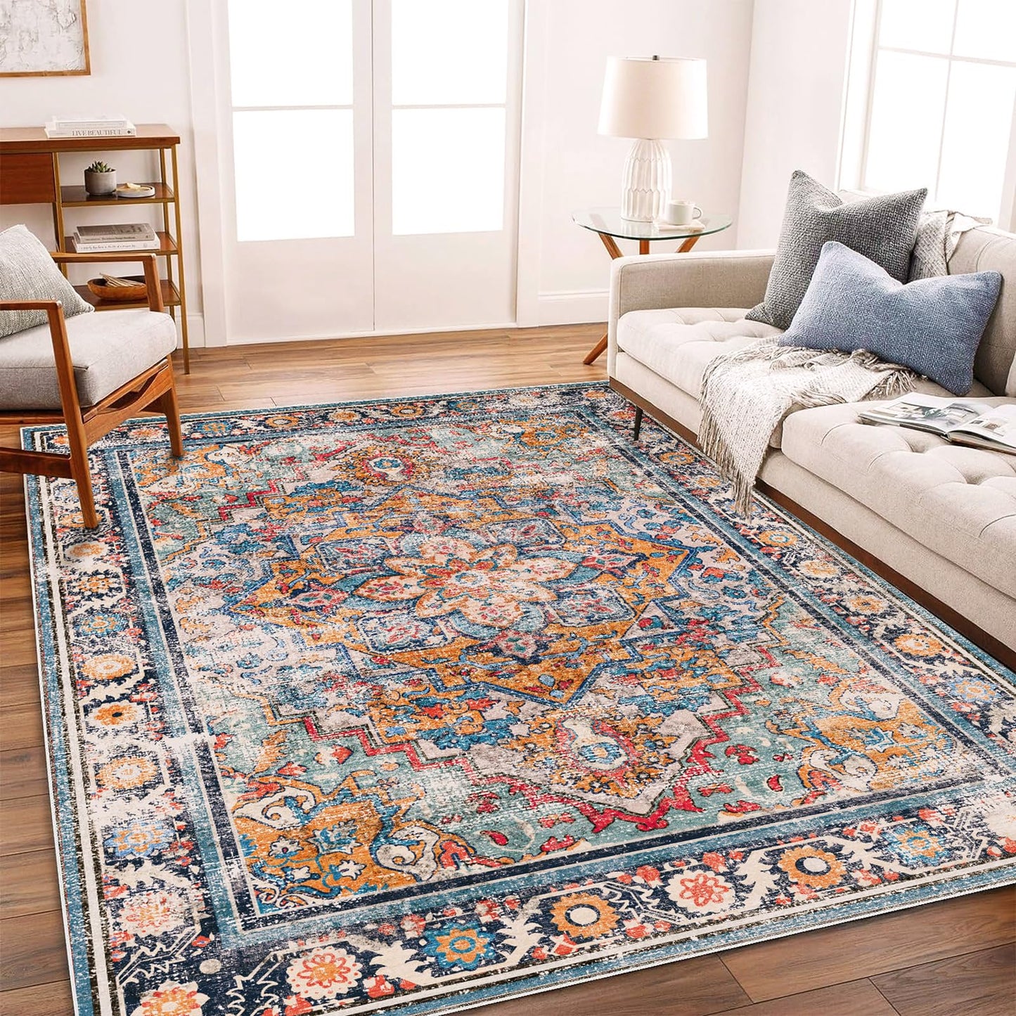 CHAMPLANT Washable Area Rug 5'x7' Retro Boho Chic Medallion Distressed Design Living Room Indoor Non-Slip Large Oriental Accent Throw Rug for Kitchen Bedroom Office Carpet