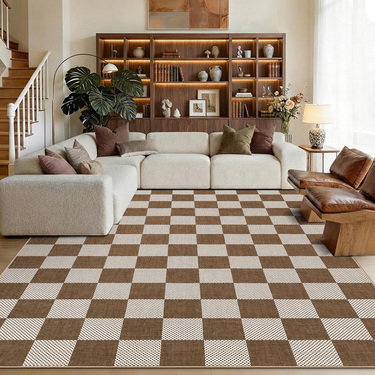 GarveeHome Checkered Terracotta Brown 5x7 Washable Rug Geometric Diamond Dot Modern Neutral Boho Soft Low-Pile Rug for Bedroom Nursery Living Room Entryway Non-Slip TPE Backing