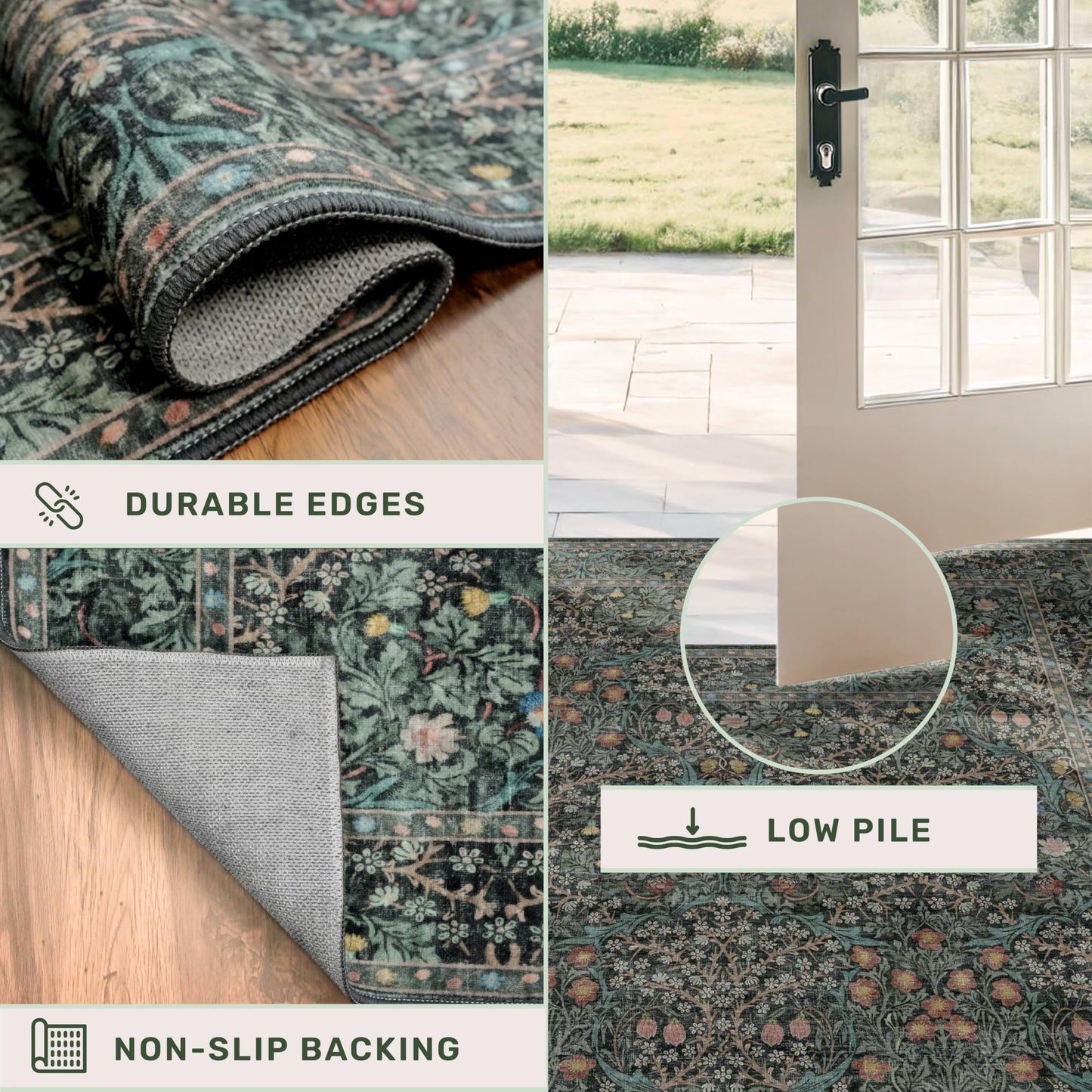 Dark Green 2x5 Runner Rug Non Slip Washable for Bathroom, Kitchen, Floral Boho Low Pile Entryway Rug, Door Mat Indoor Entrance, Small Carpet Runner for Laundry Room