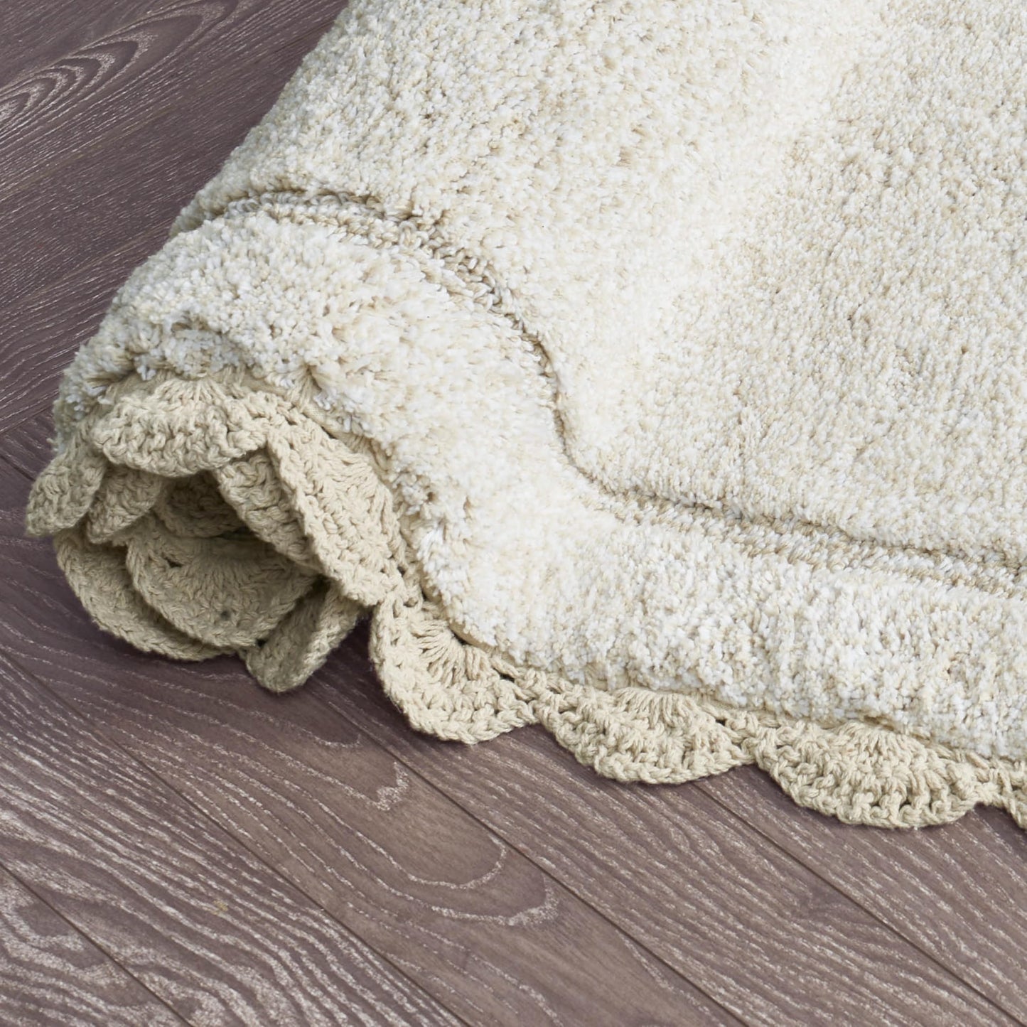 Laura Ashley Eloise 100% Cotton Oval Bath Mat with Crochet Border, Soft & Absorbent, Sandshell Beige 24" x 60" Bathroom Rug