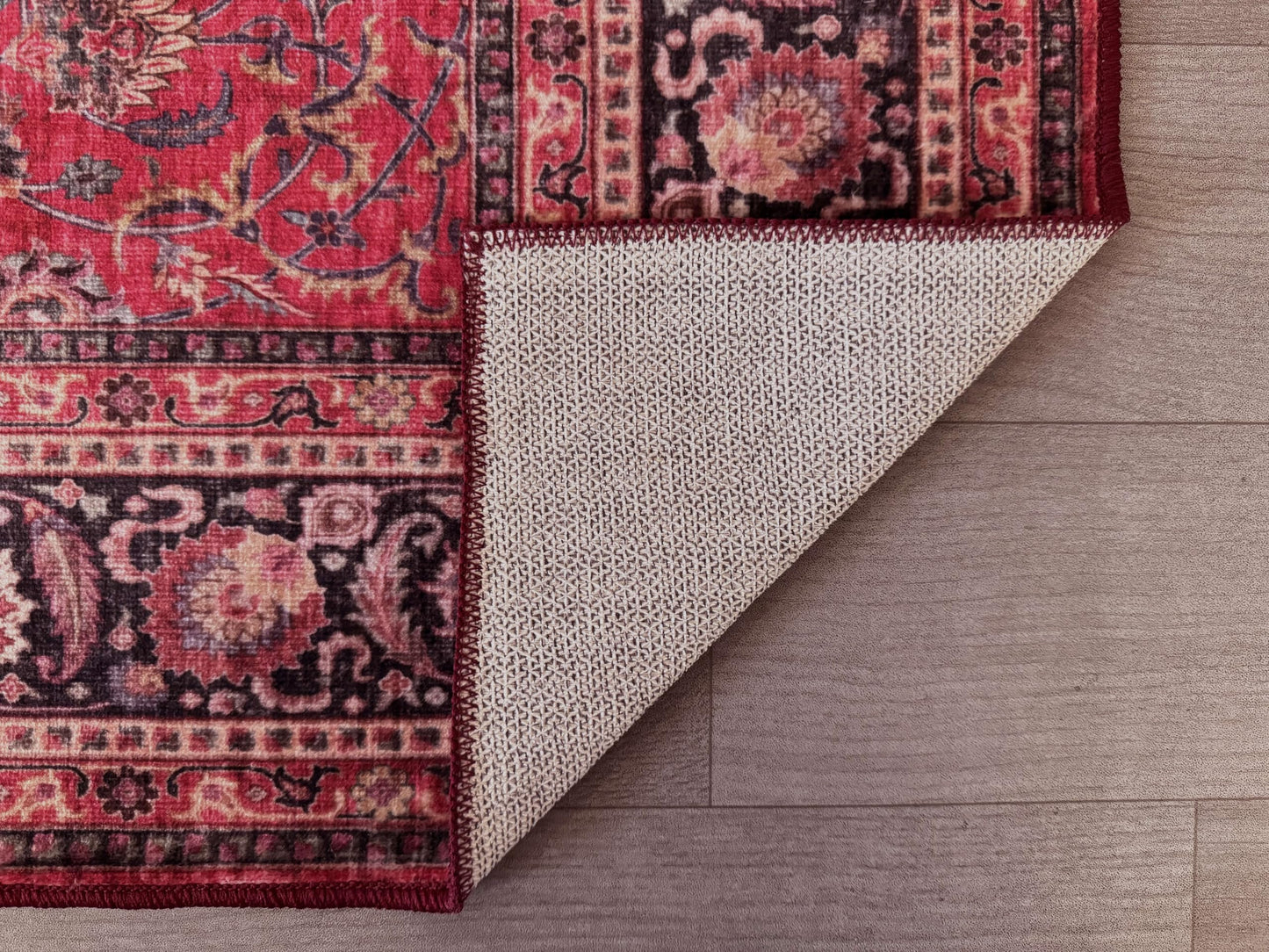 GLN Rugs Traditional - Yildiz - Machine Washable Area Rug, Vintage Washable, Non Slip, Low Pile Area Rug, Entryway, Hallway, Kitchen Rug - Easy Clean (3' x 5' Dark Red)
