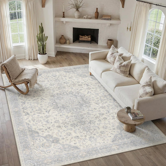 PureCozy 6x9 Area Rug Washable Neutral Gray Vintage Living Room Bedroom Carpet Non Slip Low Pile Soft Floral Indoor Grey Throw Rug for Dining Room Office