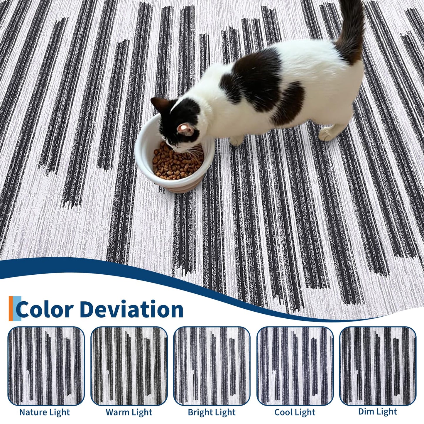 GarveeHome 8x10 Washable Living Room Rug Modern Striped Non Slip Low Pile Indoor Carpet for Home Office Bedroom Dining Room Geometric Stain Resistant Simple Rugs, Black Grey