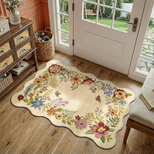 Fmfunctex Entryway Rug 2x3 Floral Washable Beige Flower Botanical Neutral Vintage Cottage Door Mat Non Slip Low Pile Boho Indoor Soft Scalloped Small Thin Throw Rugs for Entry Entrance Kitchen Laundry