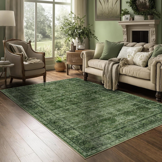 4x6 Washable Area Rug for Living Room Bedroom Dining Room Non-Slip Low Pile Boho Vintage Distressed Entryway Rug Traditional Floral Retro Accent Throw Carpet for Dining Room Bathroom Kitchen Green