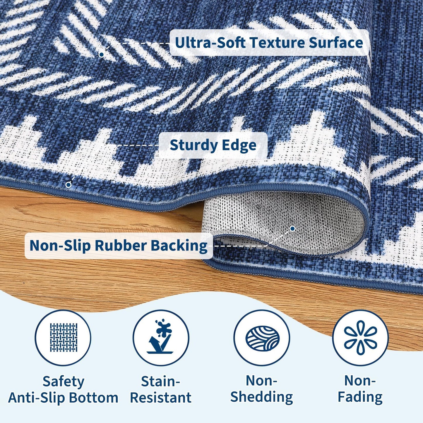 Garvee Washable 9x12 Area Rug Modern Solid Living Room Rug, Large Bordered Rugs for Bedroom Neutral Carpet 9 x 12 Rugs for Farmhouse Dining Room Non-Slip Stain Resistant Under Table Blue Rug