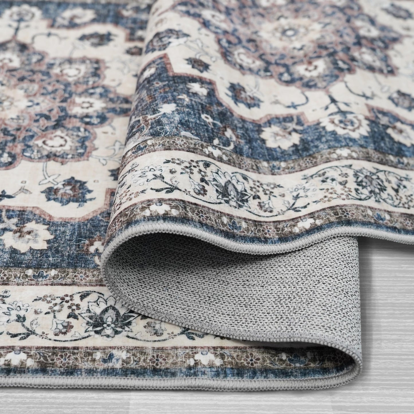 Washable 5x7 Living Room Rug: Waterproof Stain Resistant Medallion Soft Bedroom Rugs Distressed Design Non Shedding Carpet for Floor Coverings (5x7 Blue)