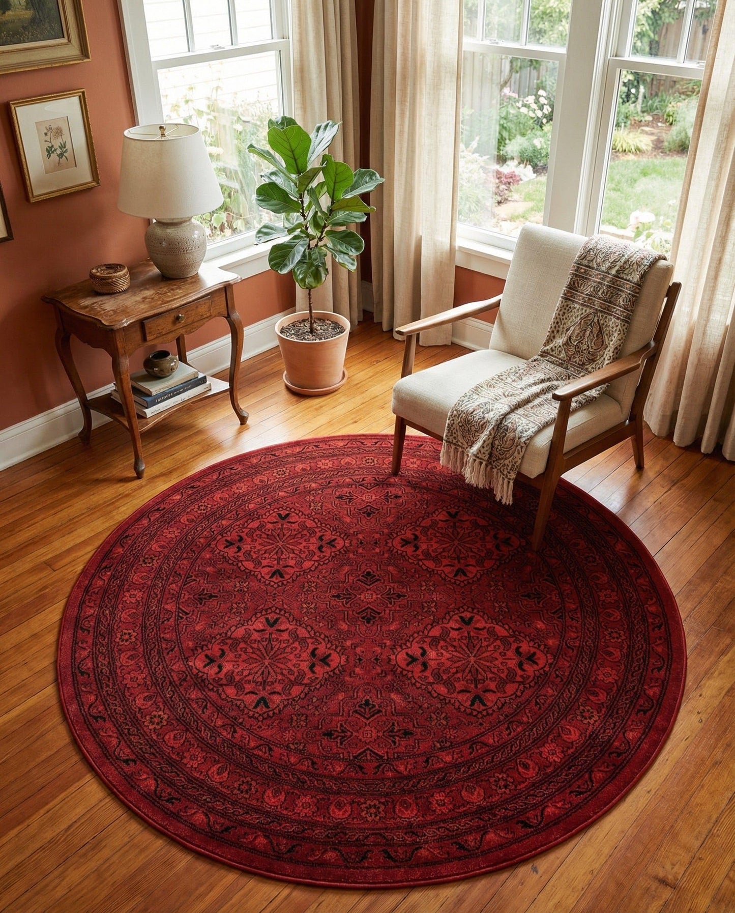 Rugs.com Bokhara Collection Rug – 5 Ft Round Red Medium-Pile Rug Perfect for Kitchens, Dining Rooms