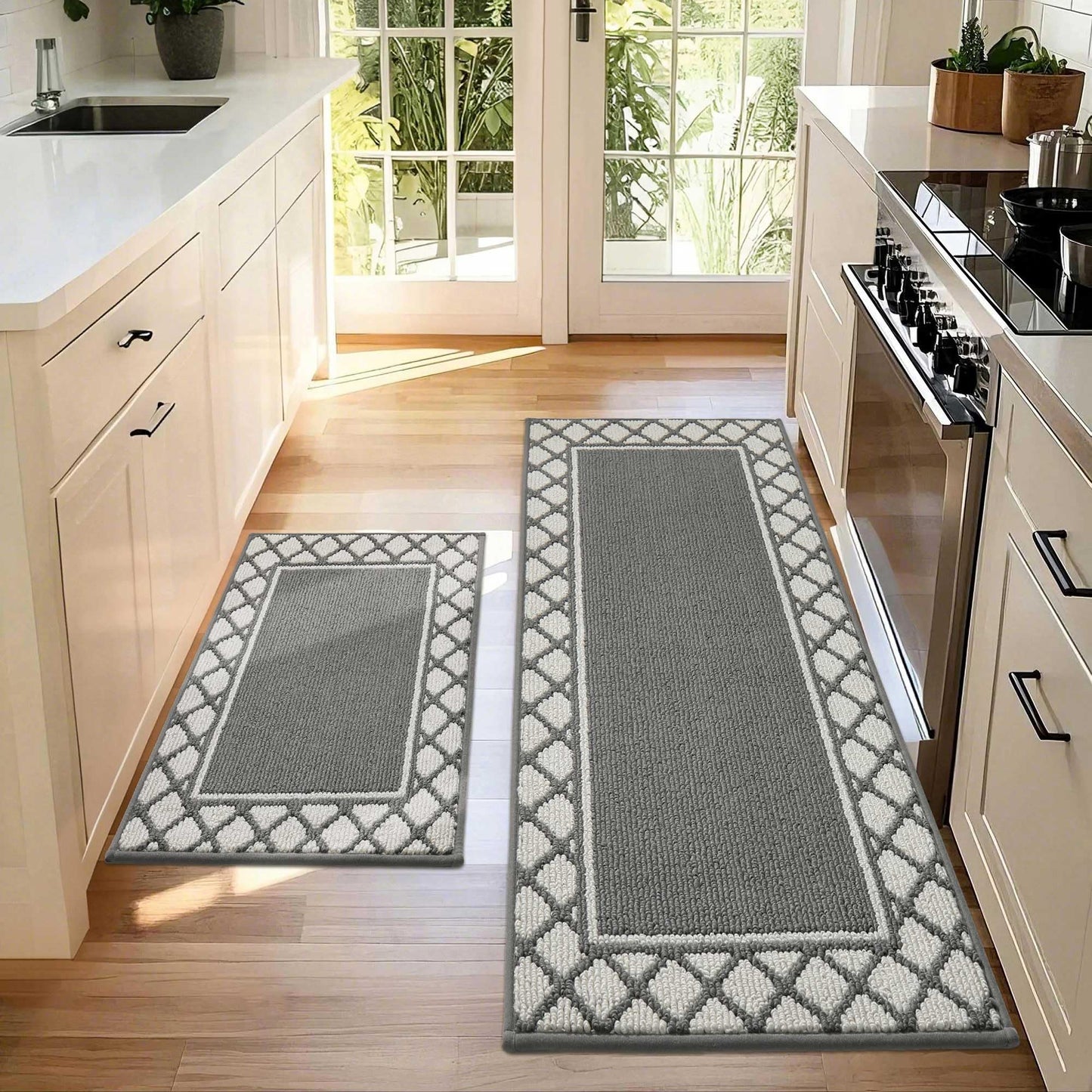 COSY HOMEER Washable Kitchen Rugs Sets of 2 Non-Slip Kitchen Mats for Floor Absorbent Kitchen Runner Rug for Kitchen Carpet,Sink Mat and Laundry, 20"x30"+20"x48",Grey