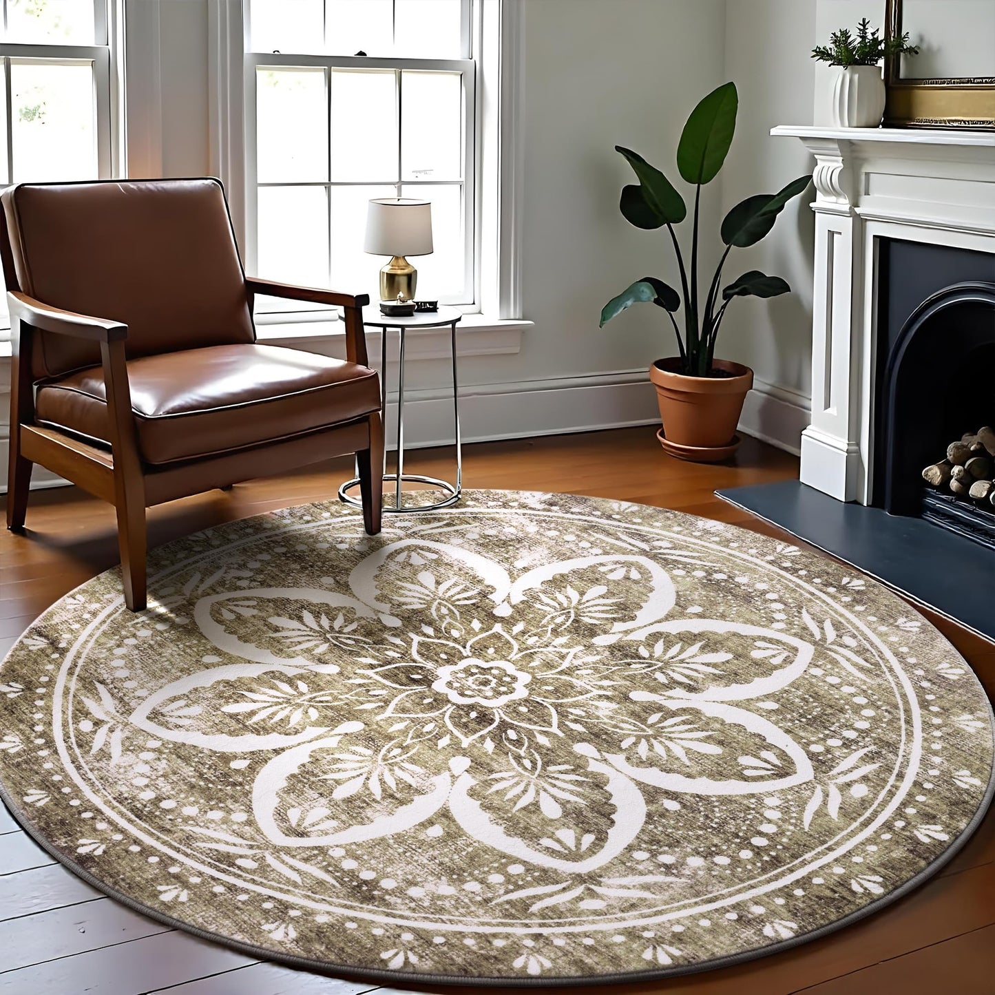 Carvapet Round Rugs Vintage Circle Rug - Washable Non Slip Rubber Backing Foldable Low Pile for Living Room Bedroom, 4 ft Brown Rug