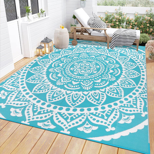 Bsmathom Waterproof Outdoor Rug 6'x9' Reversible Boho Plastic Straw Patio Deck Camping Rugs, Indoor Outdoor Portable RV Mat Clearance Carpet for Outside, Porch, Balcony, Backyard, Beach, Pool,Teal