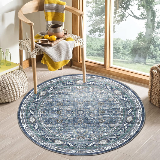 OPPODREAM Vintage Blue Round Rug 4ft, 4 ft Retro Washable Circle Rug Non Slip, Low-Pile Faux Wool Circular Carpet, Distressed Navy Floor Mat for Living Room, Bedroom, Office, Dorm, Dinning Room