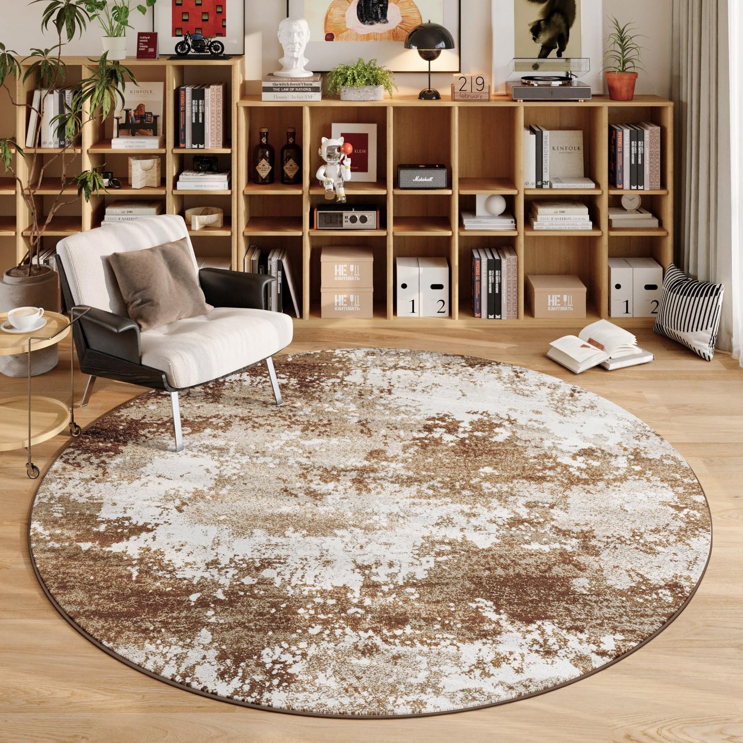 Brown Round Area Rugs 4ft Washable Circle Rug for Entryway Kitchen, Non Slip Soft Low Pile Stain Resistant, Boho Circular Carpet for Living Room Bedroom Dorm Dining Room Table, Abstract Coffee
