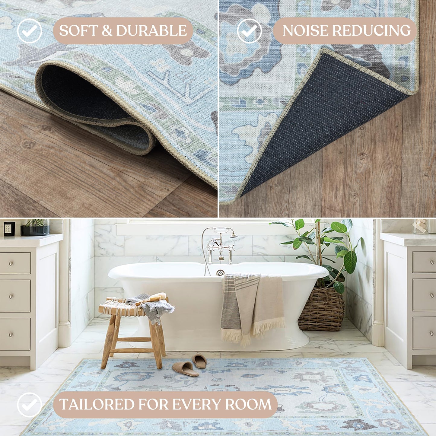Fame Living Cream Blue Oushak Rug, Modern, Vintage, Turkish, Eclectic, Floral, Pastel, Washable, Large Area Rugs for Living Room, Dining, Bedroom, Girls, Boys, 7'5"x9'8"