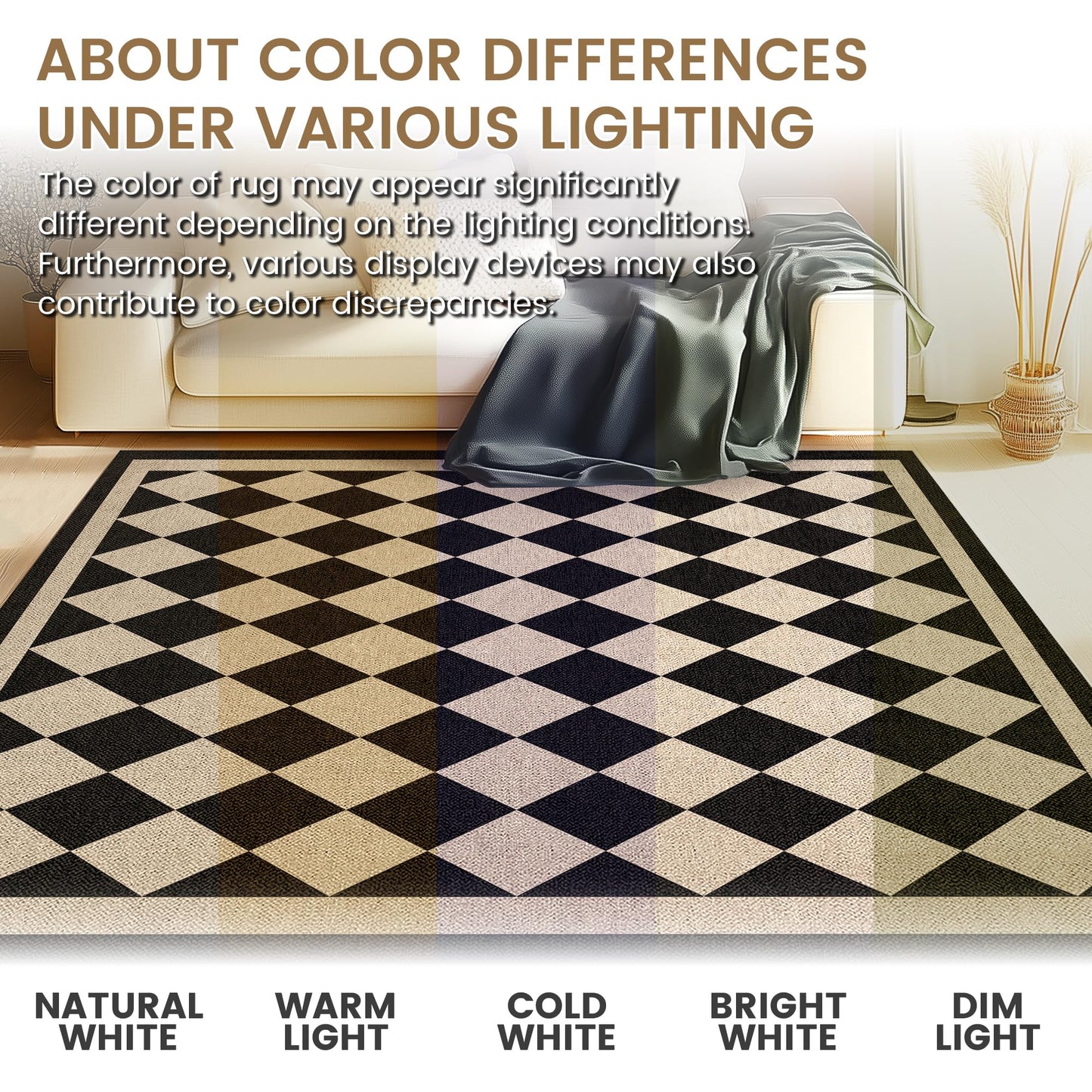 JROSING Washable Checkered Easy Jute Rug 5x7, Black Checkerboard Geometric Modern Outdoor Indoor Patio Large Rugs, Woven Thin Carpet Mat for Living Dining Room Bedroom Classroom Kids Nursery Play Room
