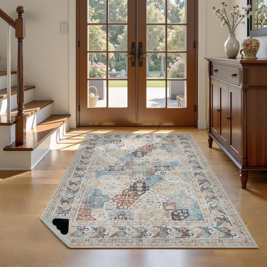 4x6 Moroccan Washable Area Rugs, Oriental Accent Rugs with Non-Slip Backing, Distressed Design Low Pile Soft Carpet for Living Room, Bedroom, Dining Room, Home Office, Blue/Multi