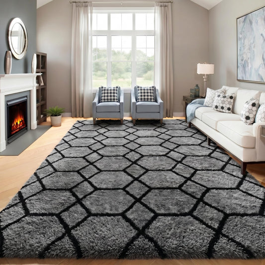 ONASAR 6x9 Area Rugs for Living Room Bedroom, Large Fluffy Grey and Black Throw Rug, Geometric Soft Plush Shaggy Fuzzy Floor Carpet for Nursery Kids Girls Boys Teen Dorm Home Office Decor Aesthetic