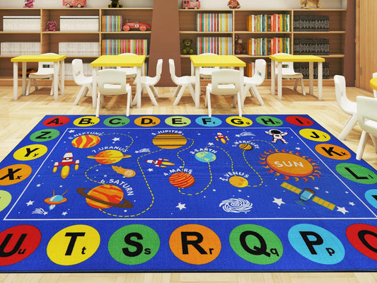Capslpad Outer Space Classroom Rugs 6.6'x9.8' Non Slip ABC Alphabet Classroom Rug Elementary Solar System Kids Carpet Playmat Rug Educational Learning Kids Area Rug for Preschool Nursery Classroom