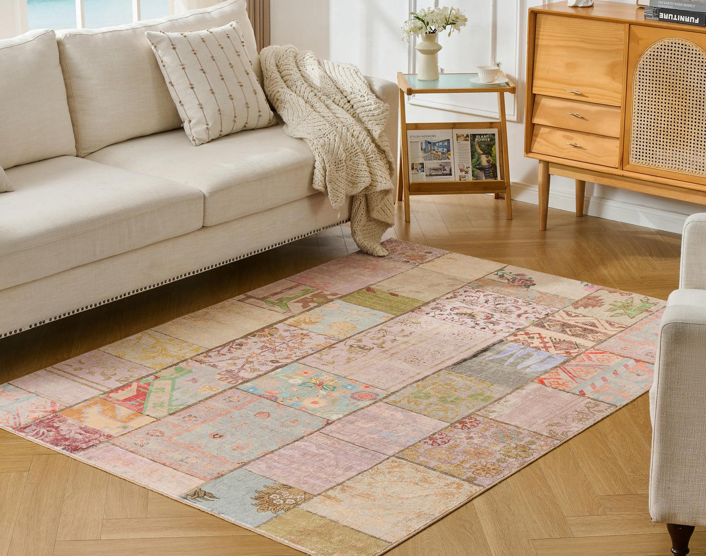 Weaverlane Patchwork Washable Rug Boho Farmhouse (Purple Multi, 5' x 7')