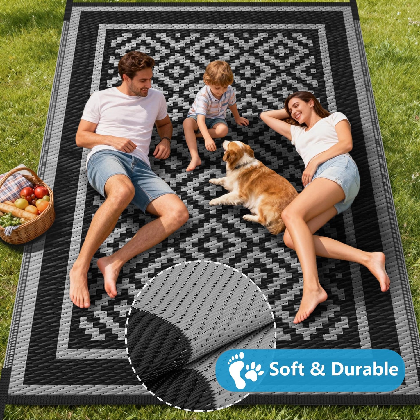 Kohree RV Outdoor Rug 9x12 Reversible, Waterproof Patio Mat with 4 Stakes & UV Fade Resistant, Non-Slip Outdoor Camping Mat for Deck, Picnic, Backyard, Includes Carry Bag (Black & Grey)