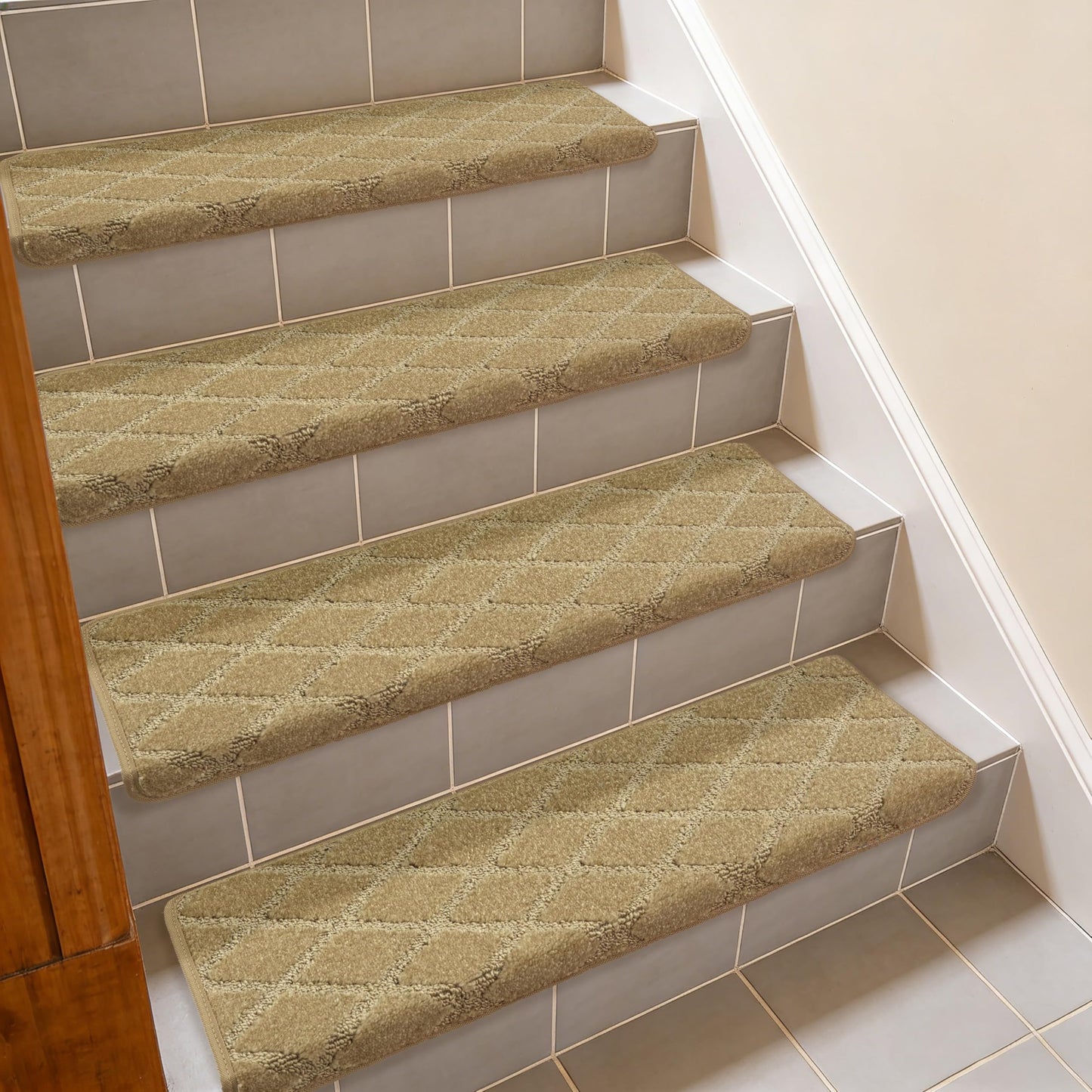 DEXDE Bullnose Stair Treads for Wooden Steps 14 Pcs, Non-Slip Peel and Stick Carpet Stair Runners, Washable Indoor Rugs with Edge Protection, 30"x9.5"x1.5", Khaki