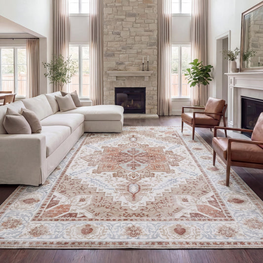 JONATHAN Y Ultra-Soft Machine-Washable Rug with Non-Skid Backing, Cream/Terra 5'x8' Eleanor Vintage Medallion Border, Non-Shedding, Velvet Luxury Feel for Living Room, Dining Room, Bedroom VOR100G-5