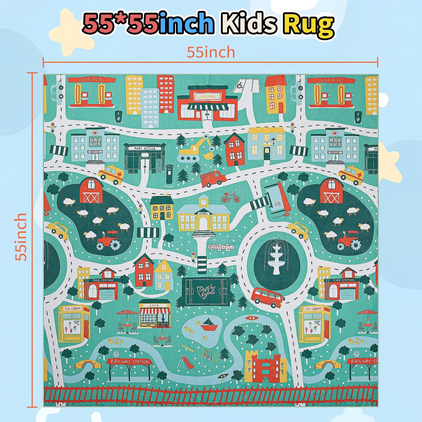 UKISS Educational Play Rug，55"x55" Traffic Road Kids Car Mat,Non-Slip Washable City Kids Play Mat,Area Rug Kid Carpet for Playroom Living Room Nursery Room Decor,Green