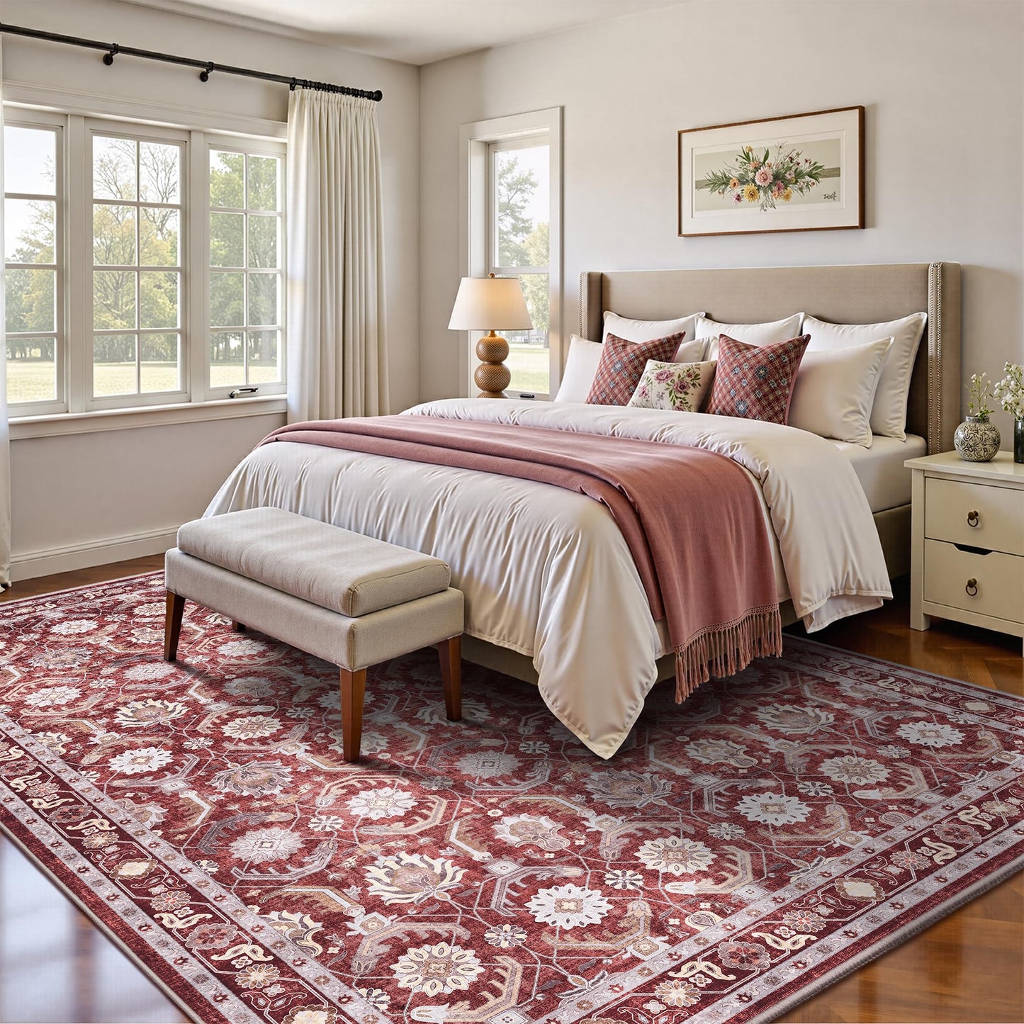 Woodbruy 5x7 Area Rugs, Soft Non Slip Low Pile Washable Rug, Boho Modern Rug for Living Room, Bedroom, Dining Room, Red