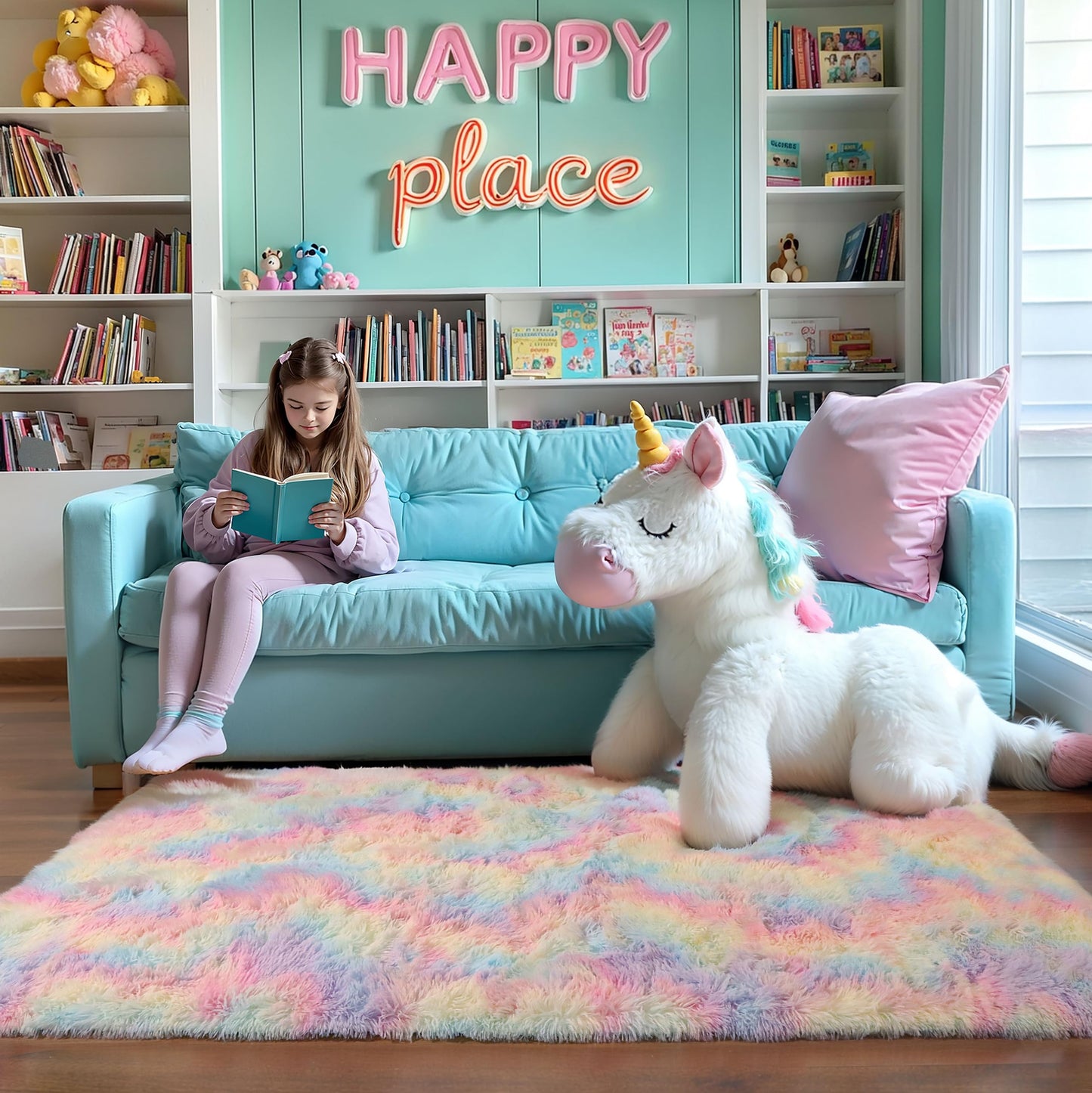 Washable 4x6 Rainbow Fluffy Shaggy Area Rugs, Kawaii Princess Soft Plush Carpet for Girls Bedroom Kids Playroom, Cute Colorful Fuzzy Rug for Nursery Dorm Baby Toddler Teenage
