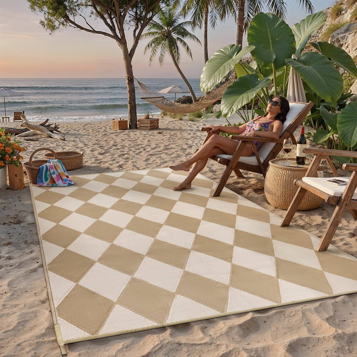 WondRg Outdoor Plastic Checkered Rug Waterproof Patio 6x9 Beige Brown Diamond Geometry Mat for Porch Camping RV Balcony Deck Courtyard Reversible Lightweight Durable Portable