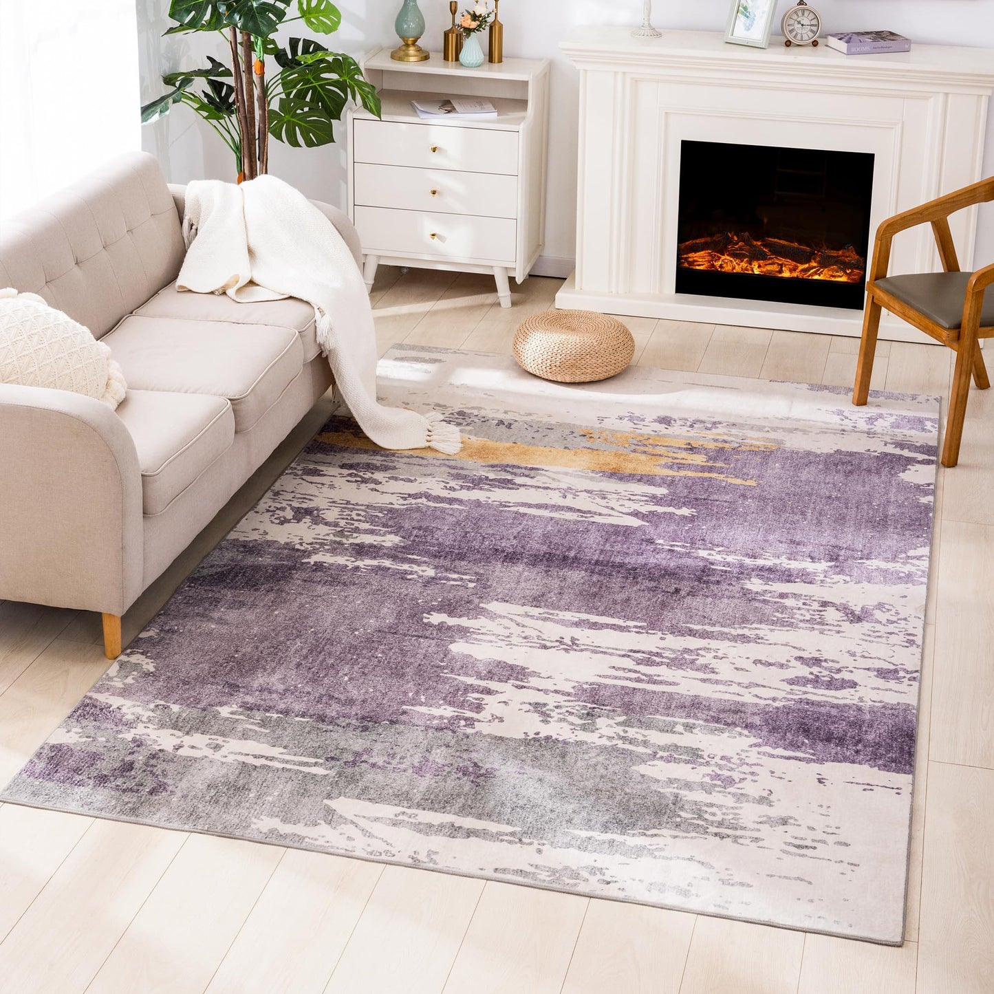 Carvapet 5x7 Large Purple Rugs for Living Room Bedroom, Washable Purple Modern Abstract Low Pile Carpet with Rubber Backing, Foldable, Non Slip Thin Area Rug, Ultra Soft