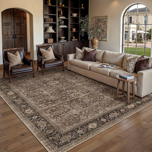 HUGEAR Brown Washable 6x9 Area Rugs for Living Room Bedroom Vintage Distressed Neutral Rug Carpet Durable Soft Non Slip & Shedding Stain Resistant Low Pile Indoor Home Decor
