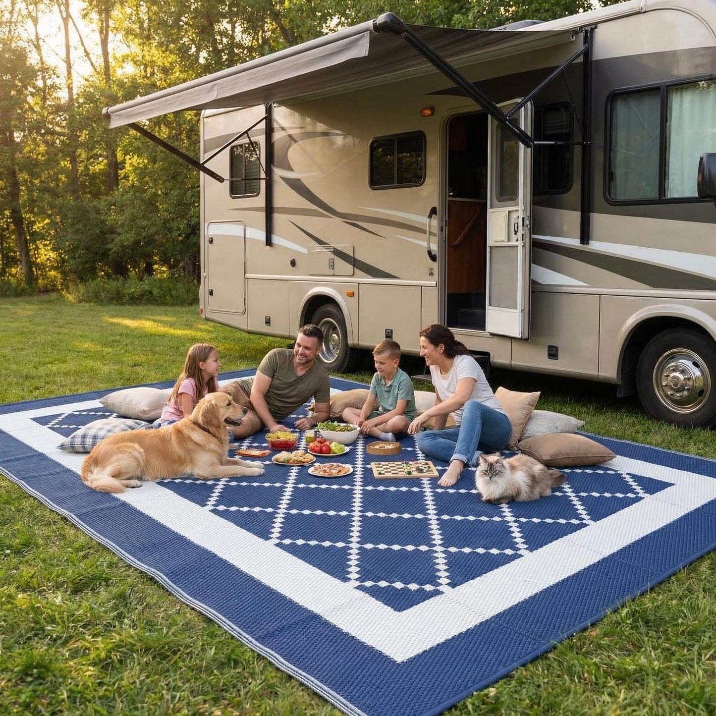 GAOMON Outdoor Plastic Straw Rug 9x18 Waterproof Patio Rug Reversible Camping Mat, Foldable Portable RV Picnic Carpet with Bag & 4 Stakes, UV Resistant Outside Carpet for Deck Balcony, Navy