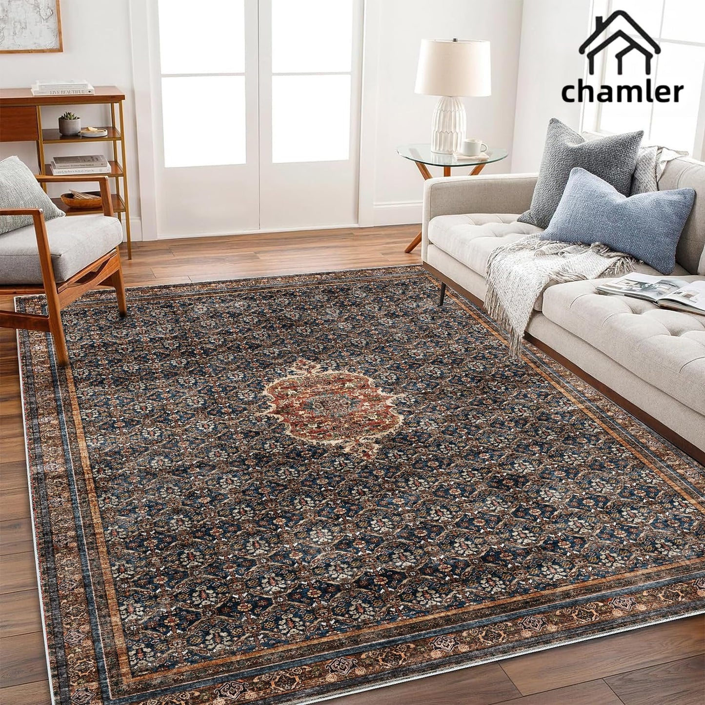 chamler Washable Area Rug 10'x14' Boho Chic Medallion Distressed Design Non-Shedding Easy Care Ideal for High Traffic Areas in Rug for Living Room Bedroom Office Coffee Table Large Carpet