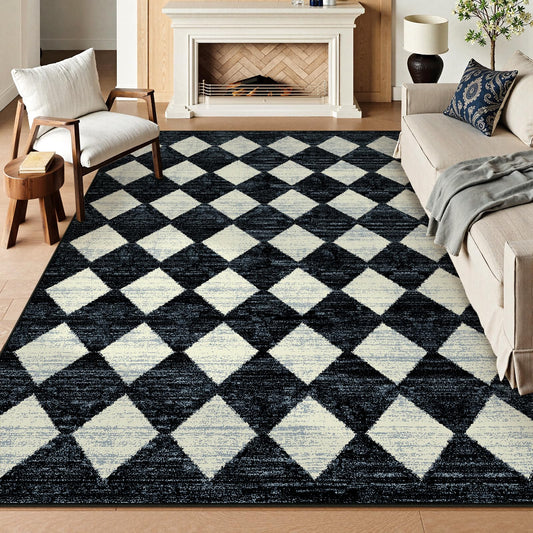 Lahome Zelie Checkered Washable 8 x 10 Area Rugs for Living Room, Black Bedroom Rug 8x10 Under Bed, Geometric Trellis Soft Ultra-Thin Indoor Carpet for Dining Room Dorm Kids Playroom (8'x10',Black)