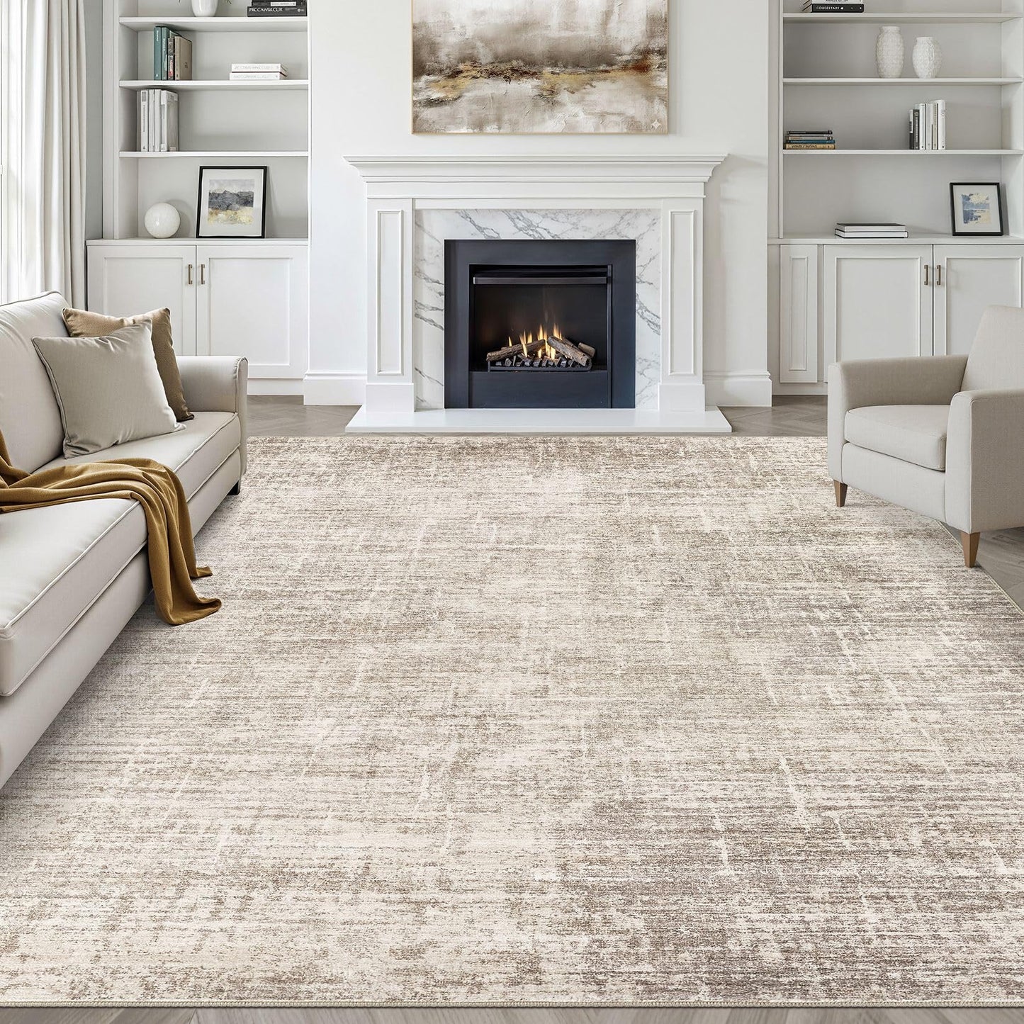 9x12 Area Rug Living Room: Washable Large Neutral Brown Rugs Abstract Soft Modern Stain Resistant Indoor Floor Non-Slip Carpet for Bedroom Nursery Kids Office Playroom Dining Room Under Table Home