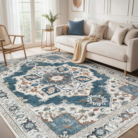 Micgeek 10x14 Washable Area Rug: Vintage Neutral Soft Non Slip Thin Large Floor Carpet for Living Room Bedroom Kitchen Dining Room Home Office Farmhouse Indoor - Blue