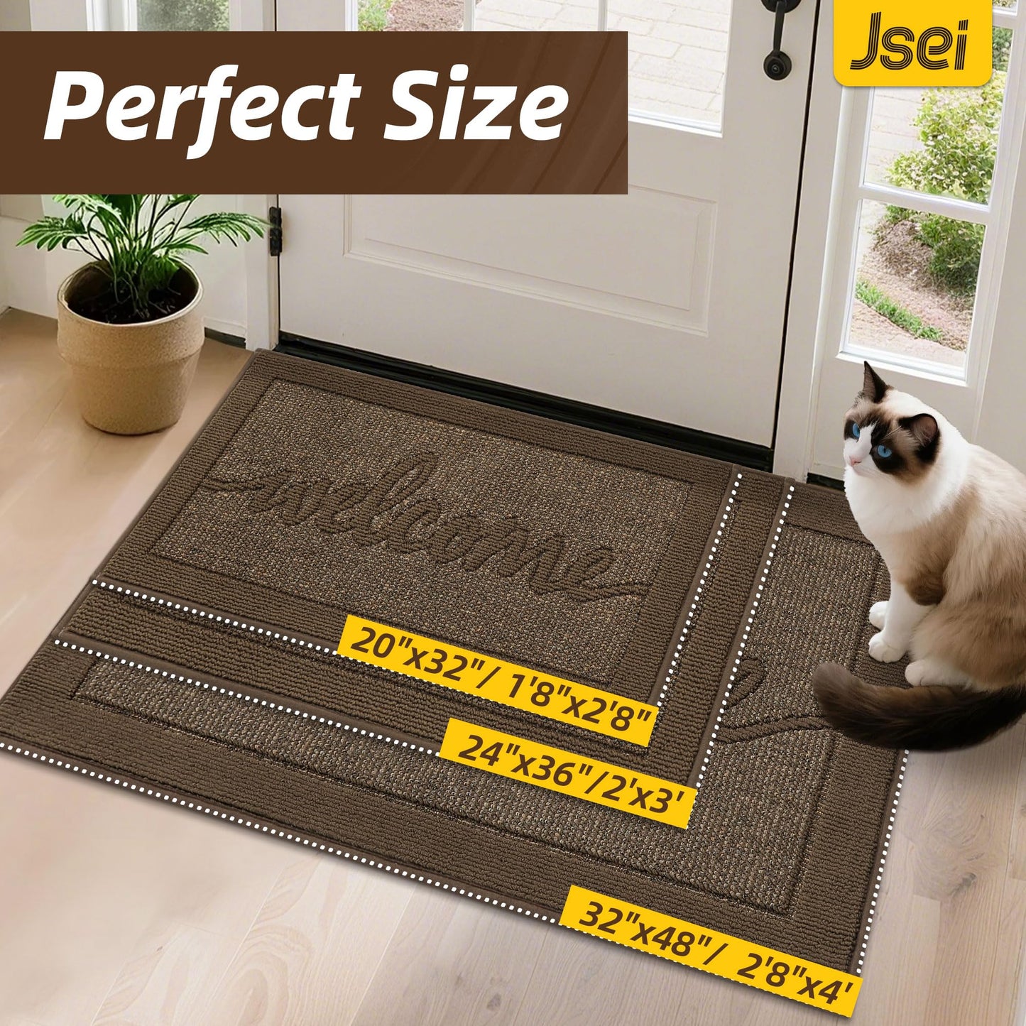 JSEI Door Mat 20"x 32",Absorbent Dirt Welcome Mat,Non-Slip Entryway Rugs Washable Indoor Entrance Mats,Low Profile Floor Mat for Entryway and Front Back Door,Brown