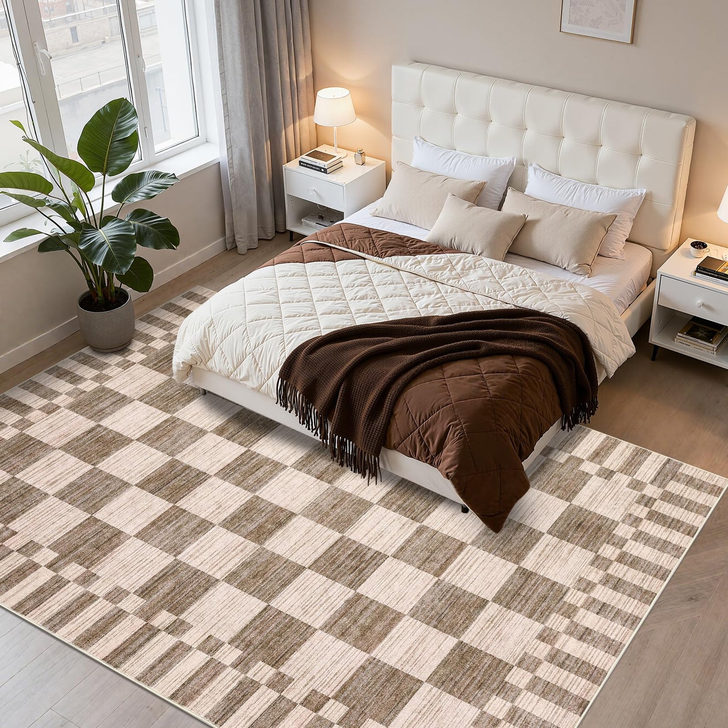GarveeHome 8×10 Area Rugs for Living Room,Modern Brown Checkered Rug,Geometric Tan Brown Print Non-Slip Washable Farmhouse Checkerboard Rugs for Bedroom Dining Room Office