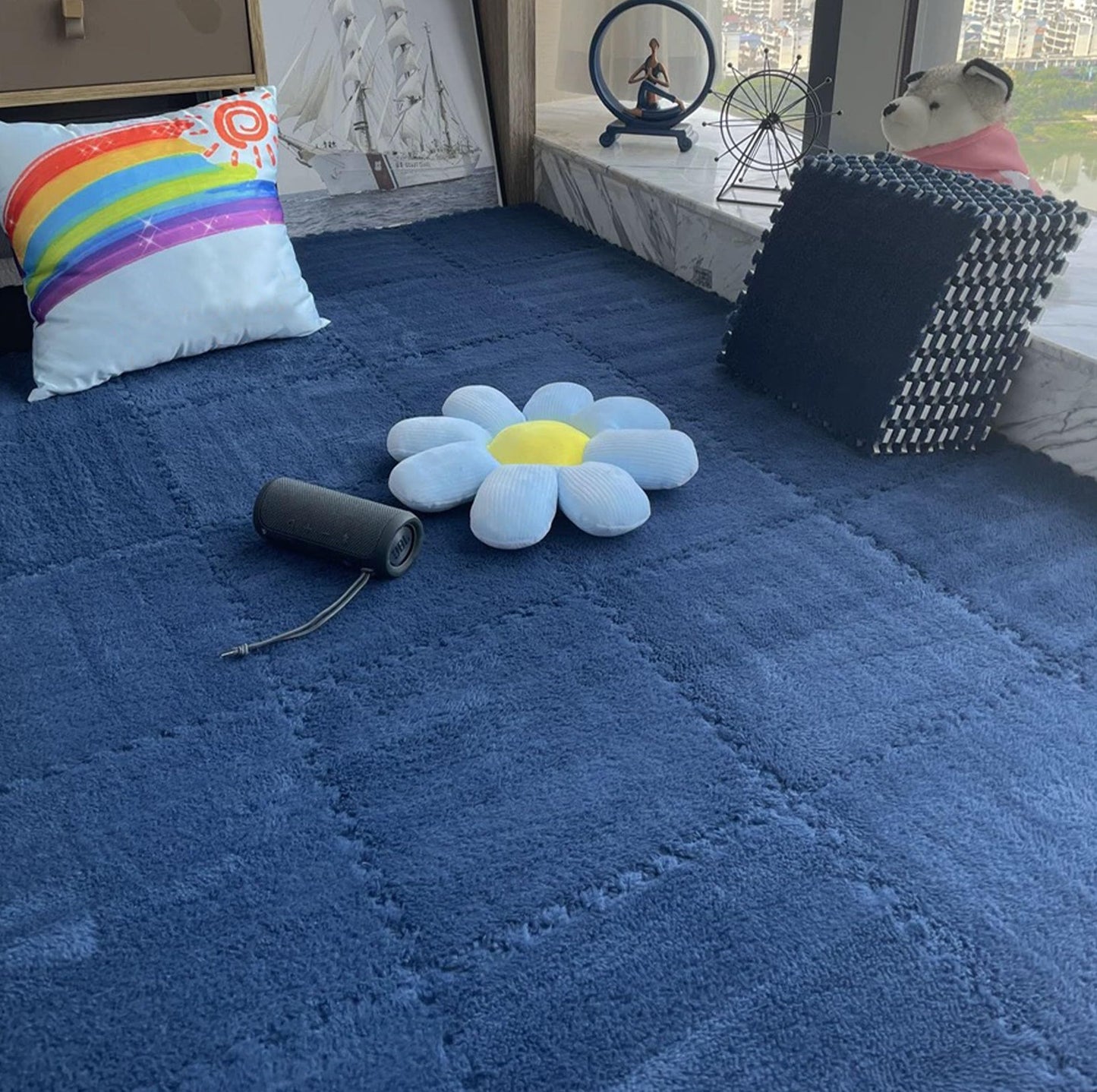 16 Pcs Kids Foam Interlocking Carpet Tiles with Border, Thick Carpet Squares Plush Floor Playmats Baby Crawling Rug - 49" x 49" (Navy Blue, 16 Tiles)