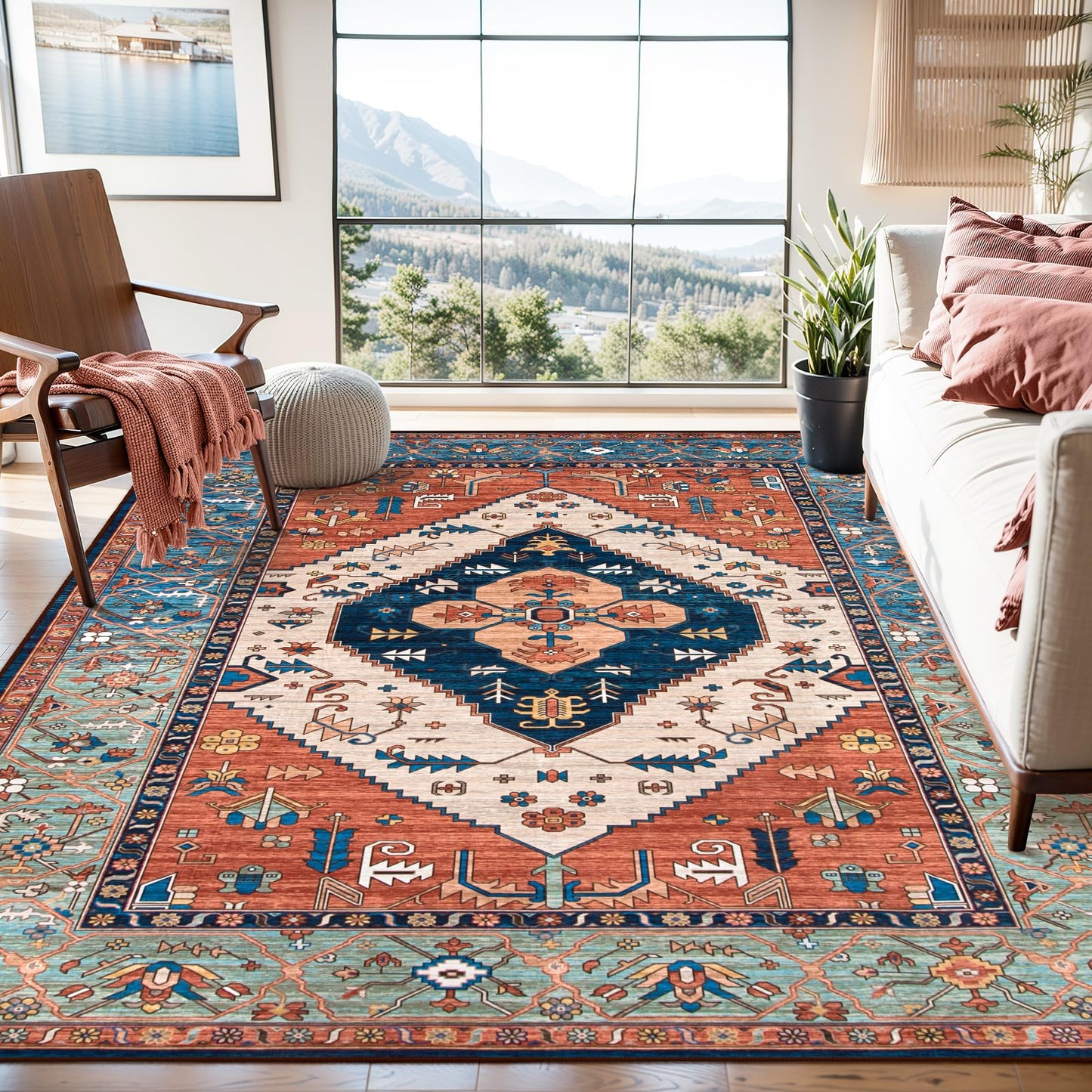 Lahome Oriental Washable Rug 6x9, Non-Slip Ultra-Thin Living Room Area Rug, Stain Resistant Vintage Carpet for Bedroom Dining Room Office Adelyn