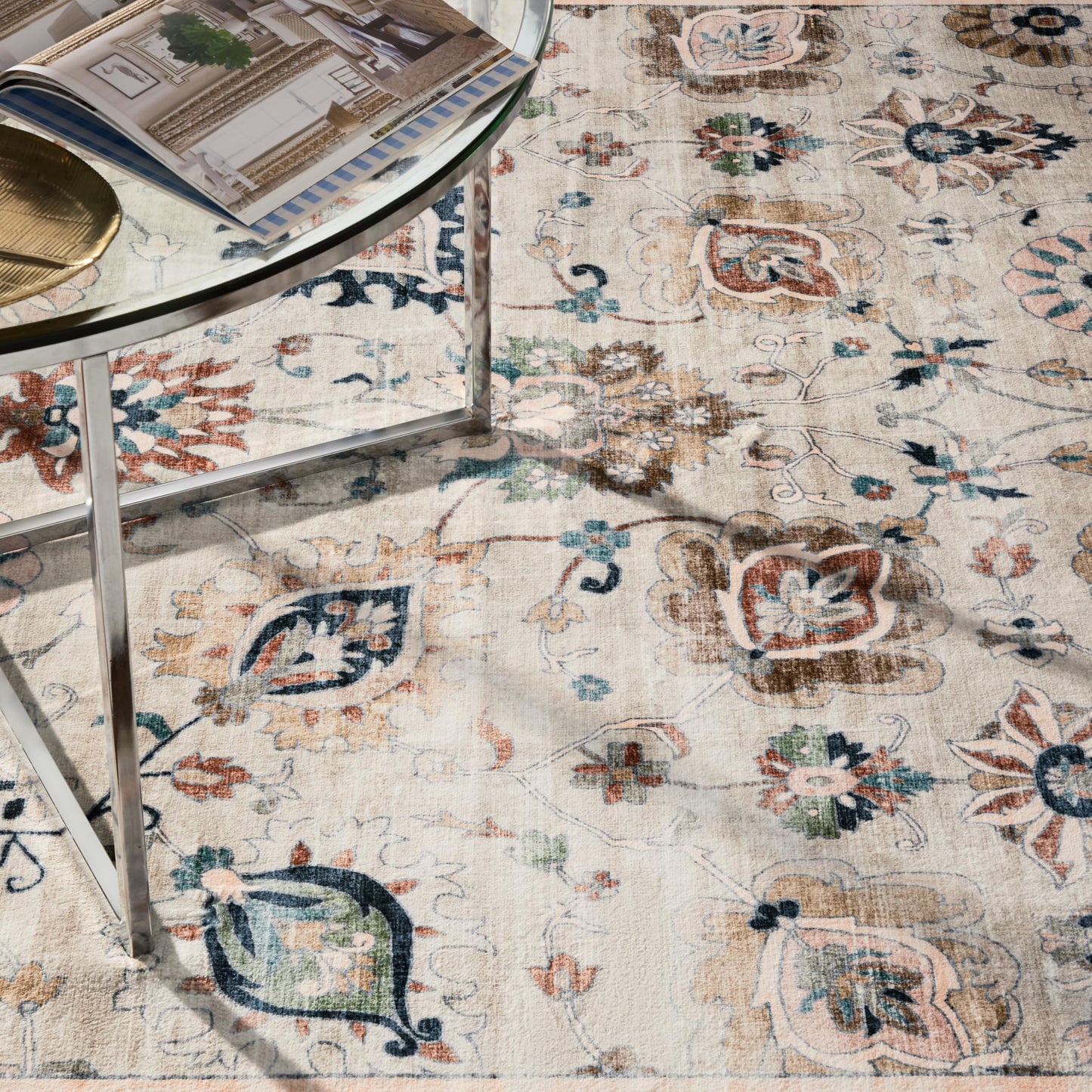 EVERWASH Haven Damask Floral Machine Washable Area Rug with Airflo Technology for Easy Clean, Ultra-Soft Non-Slip Rug with Built-in Pad, Pet, Family & Allergy Friendly Rug, Beige Multi, 2'6"x7'