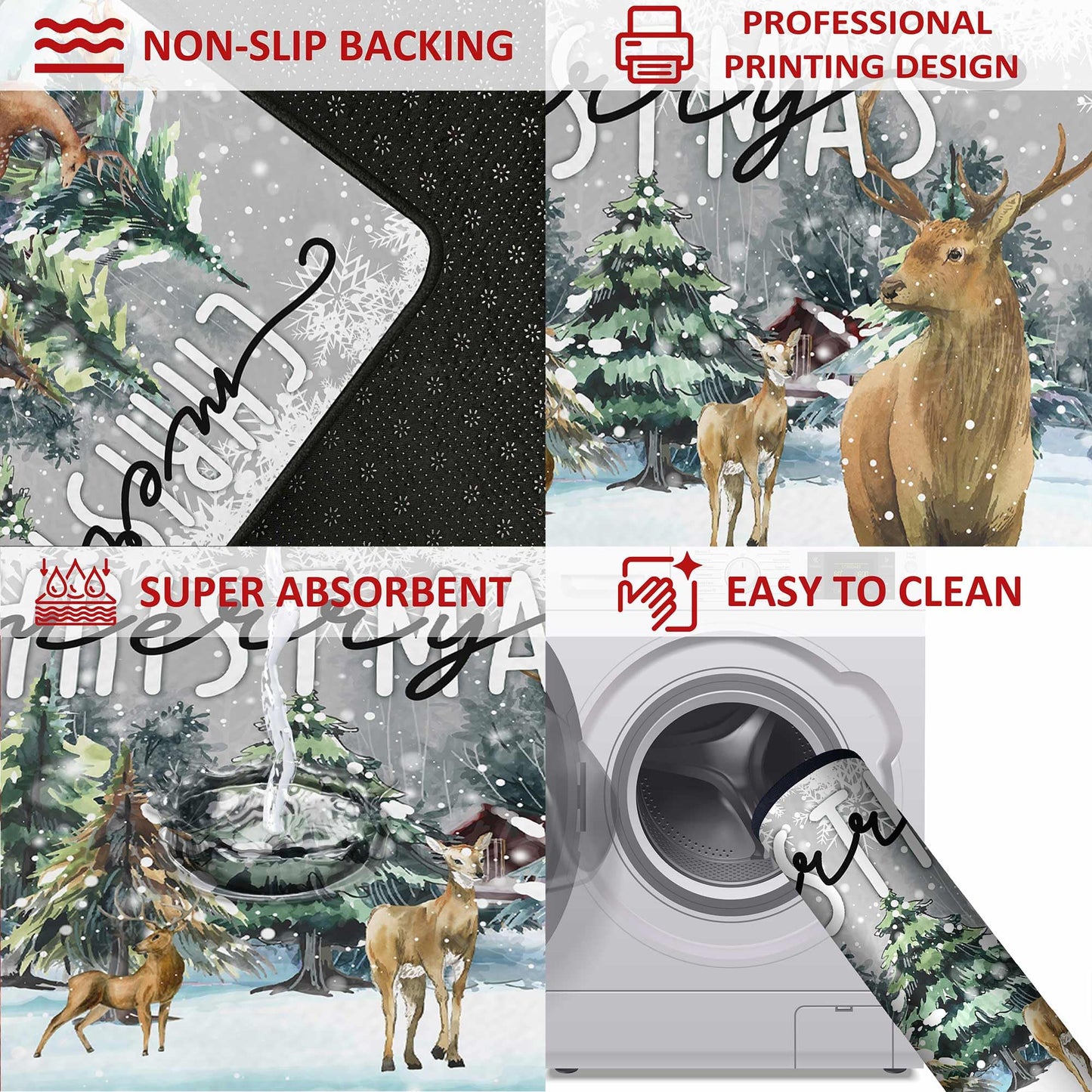 Christmas Kitchen Rugs and Mats Set of 2, Xmas Decor Non Slip Backing Xmas Trees Rug Winter Holiday Kitchen Rug Christmas Decorations for Home Low-Profile Kitchen Floor Mat 17"X47"+17"X30"