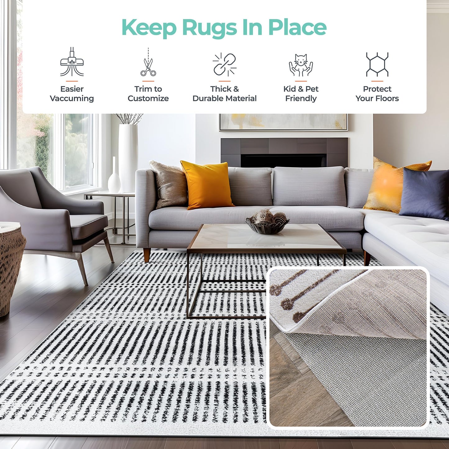 Rugshop Non Slip Rug Pad for Hardwood Floors, Tile Floors Thick Under Carpet Cushion Rug Pad 7' x 10' Cream
