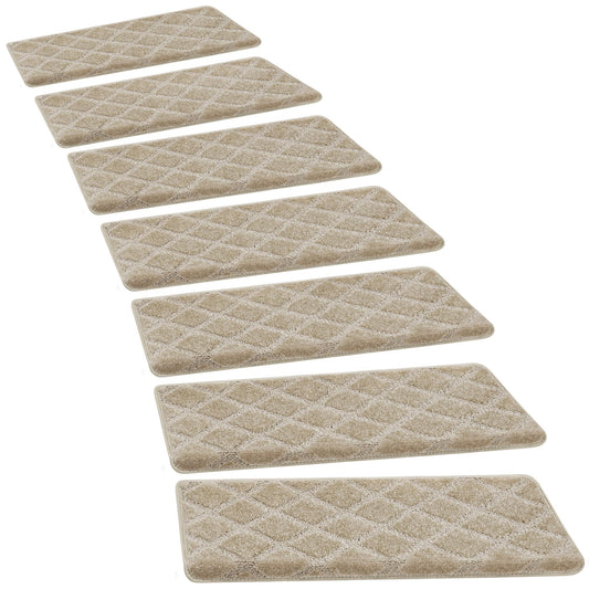 PURE ERA Bullnose Carpet Stair Treads Tape Free Non-Slip Indoor Stair Protectors Pet Friendly Stair Treads for Wooden Steps 9.5" x 30"(14 Pieces, Cream Gray Diamond Trellis)
