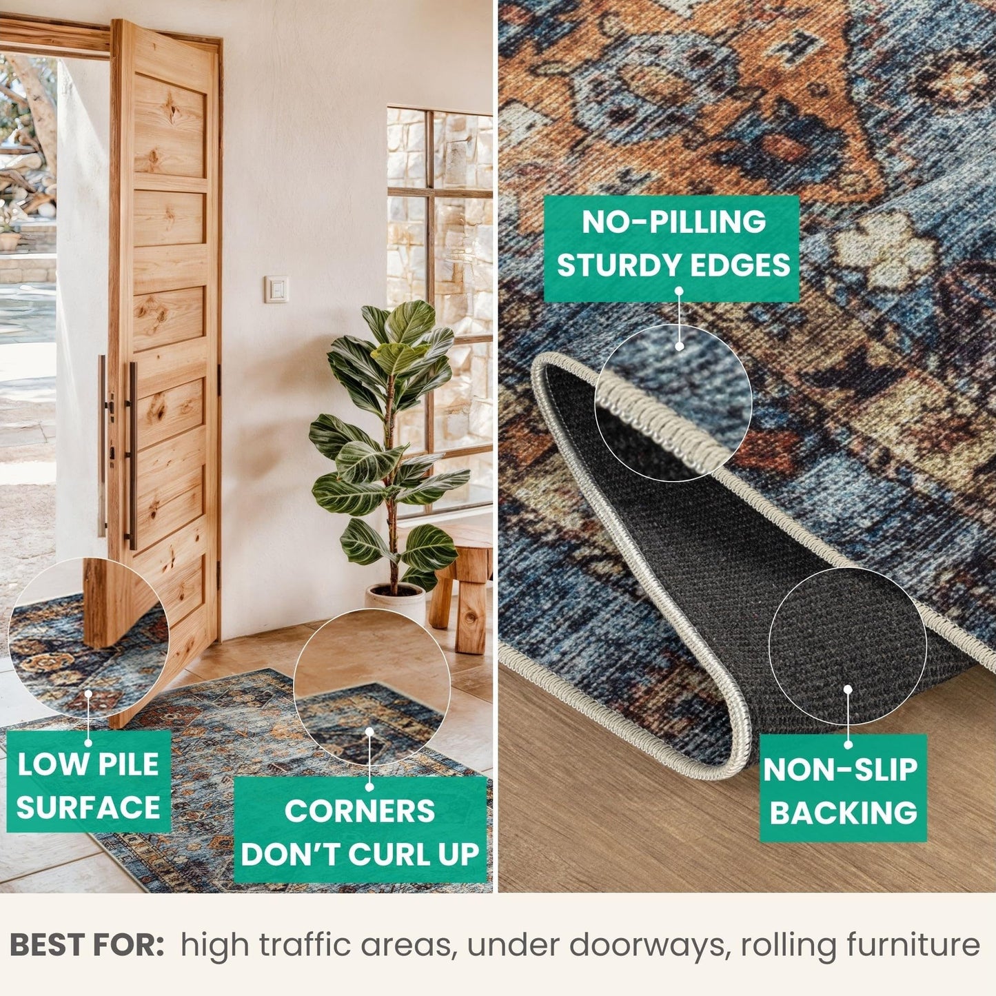 Bloom Rugs Washable Non-Slip 5' x 7' Rug - Blue/Orange Traditional Bordered Area Rug for Living Room, Bedroom, Dining Room, and Kitchen - Exact Size: 5' x 7'