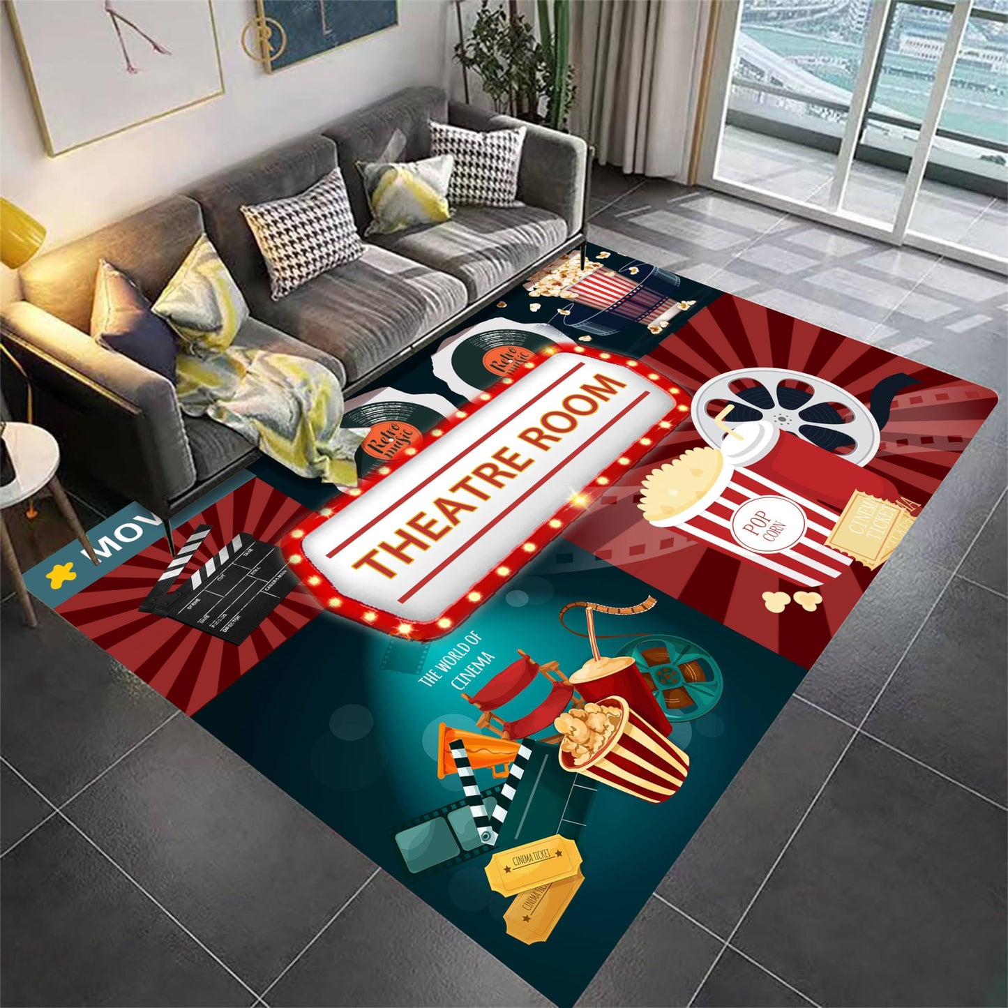 Houient Movie Theatre Rug, 5x6ft, Retro Cinema Themed Style Popcorn Filmstrip and Drink Design Doormat, Modern Home Theater Room Deco Carpet with Anti-Skid Backing for Indoor Bathroom Dorm Playroom