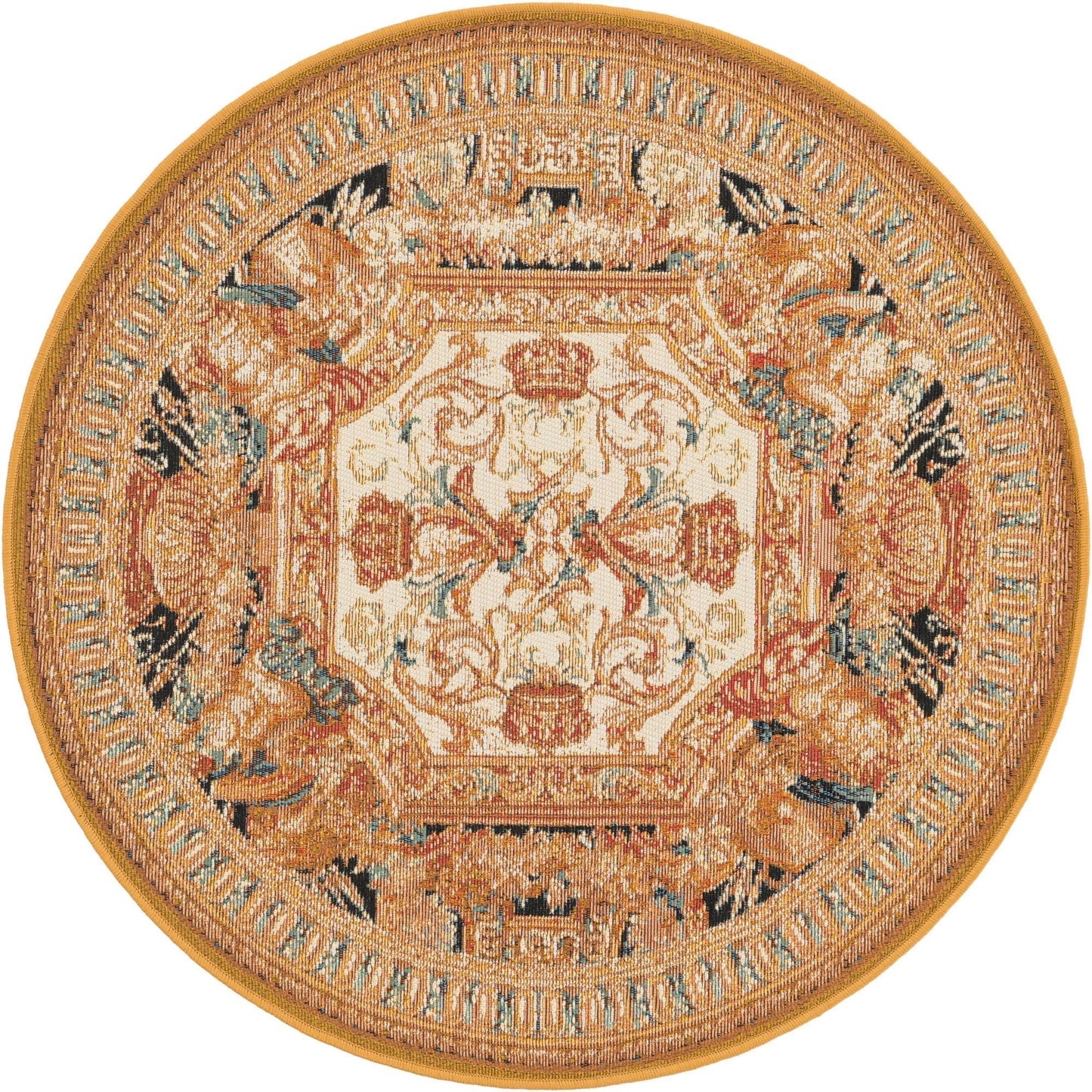 Rugs.com - Outdoor Traditional Rug – 3 Ft Round Black Gold Brown Indoor/Outdoor Rug – Weather-Resistant Flatweave for Patio, Deck, and Porch