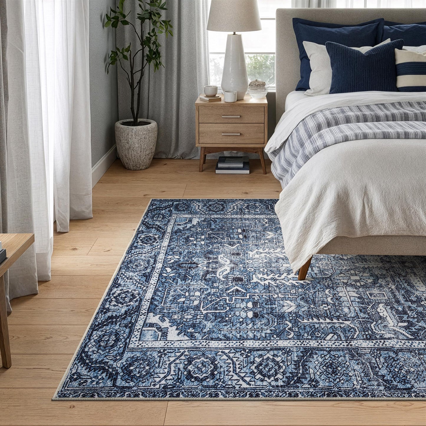 Bloom Rugs Washable Non-Slip 4' x 6' Rug - Blue Traditional Area Rug for Living Room, Bedroom, Dining Room, and Kitchen - Exact Size: 4' x 6'