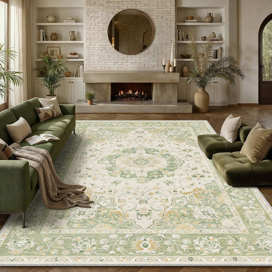 WondRg 8x10 Green Area Rug Washable Vintage Carpet for Living Room Low Pile Non Slip Soft Distressed Durable Bedroom Throw Rug Dining Room Nursery Classroom Playroom Home Decor